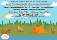 Load image into Gallery viewer, Lake Camping Birthday Party Invitation Forest Girl Boy Tent Camp Wilderness Boogie Bear Invitations Perry Theme Paperless Printable Printed