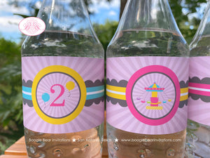 Amusement Park Party Bottle Wraps Wrappers Cover Label Birthday Carousel Girl Pink Blue Ferris Wheel Boogie Bear Invitations Camille Theme