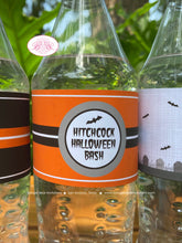 Load image into Gallery viewer, Haunted House Birthday Party Bottle Wraps Wrapper Cover Label Halloween Full Moon Bats Black Orange Boogie Bear Invitations Hitchcock Theme