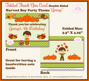 Harvest Boy Birthday Party Thank You Card Autumn Fall Pumpkin Picking Forest Creatures Farm Boogie Bear Invitations George Theme Printed