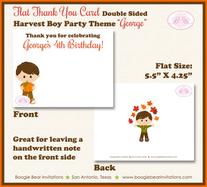Harvest Boy Birthday Party Thank You Card Autumn Fall Pumpkin Picking Forest Creatures Farm Boogie Bear Invitations George Theme Printed
