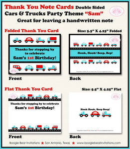 Cars Trucks Birthday Party Thank You Card Retro Note Girl Boy Traffic Travel Toy Red Blue Black Boogie Bear Invitations Sam Theme Printed