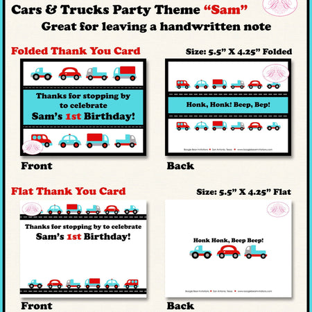 Cars Trucks Birthday Party Thank You Card Retro Note Girl Boy Traffic Travel Toy Red Blue Black Boogie Bear Invitations Sam Theme Printed