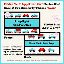 Load image into Gallery viewer, Cars Trucks Birthday Party Favor Card Tent Food Place Folded Appetizer Red Blue Black Travel Road Boogie Bear Invitations Sam Theme Printed