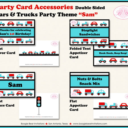 Cars Trucks Birthday Party Favor Card Tent Food Place Folded Appetizer Red Blue Black Travel Road Boogie Bear Invitations Sam Theme Printed