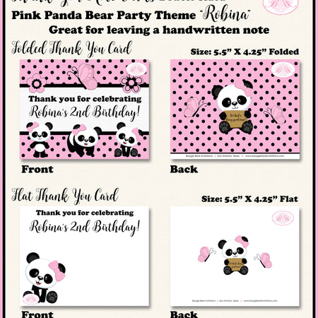 Pink Panda Bear Birthday Party Thank You Card Girl Black Little Butterfly Wild Zoo Animals Soft Boogie Bear Invitations Robina Theme Printed