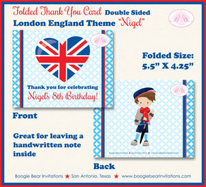 London England Party Thank You Card Birthday Boy British Flag Royal Queen Crown Palace Heart Red Blue Boogie Bear Invitations Nigel Theme