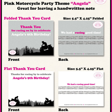 ATV Birthday Party Thank You Card Birthday Girl Pink Black All Terrain Vehicle Quad 4 Wheeler Boogie Bear Invitations Angela Theme Printed
