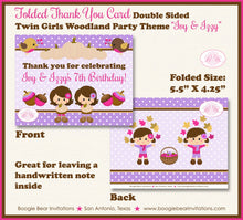 Load image into Gallery viewer, Harvest Twin Girl Birthday Party Thank You Card Autumn Fall Woodland Pumpkin Picking Pink Purple Boogie Bear Invitations Ivy &amp; Izzy Theme