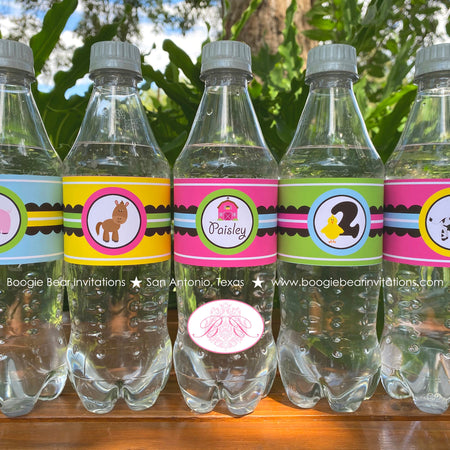Pink Farm Birthday Party Bottle Wraps Wrappers Cover Label Barn Girl Animals Petting Zoo Cow Horse Pig Boogie Bear Invitations Paisley Theme