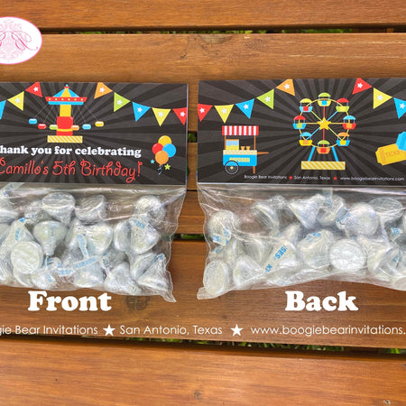 Amusement Park Party Treat Bag Toppers Folded Favor Birthday Girl Boy Circus Ferris Wheel Popcorn Kids Boogie Bear Invitations Camillo Theme