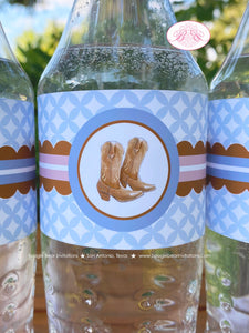 Country Horse Birthday Party Bottle Wraps Wrappers Cover Label Hat Boots Rustic Girl Blue Brown Farm Boogie Bear Invitations Savannah Theme