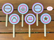 Load image into Gallery viewer, Pink Cowgirl Baby Shower Cupcake Toppers Gunslinger Ranch Boots Brown Lone Star Girl Farm Rustic Ranch Boogie Bear Invitations Sherie Theme