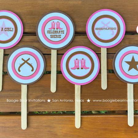 Pink Cowgirl Baby Shower Cupcake Toppers Gunslinger Ranch Boots Brown Lone Star Girl Farm Rustic Ranch Boogie Bear Invitations Sherie Theme
