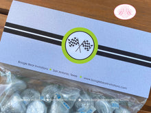 Load image into Gallery viewer, Green Race Car Birthday Party Treat Bag Toppers Folded Favor Label Black Lime Fastback Coupe Track Racing Boogie Bear Invitations Brad Theme