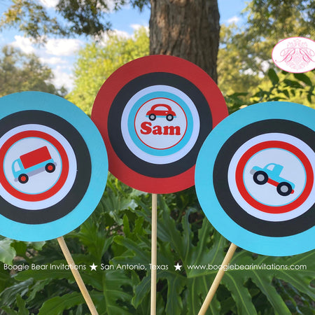 Cars Trucks Birthday Party Centerpiece Sticks Girl Boy Road Trip Traffic Street Stop Light Travel Red Blue Boogie Bear Invitations Sam Theme