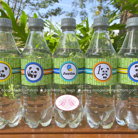 Panda Bear Birthday Party Bottle Wraps Wrappers Cover Label Boy Green Blue Yellow Butterfly Flower Zoo Boogie Bear Invitations Justin Theme
