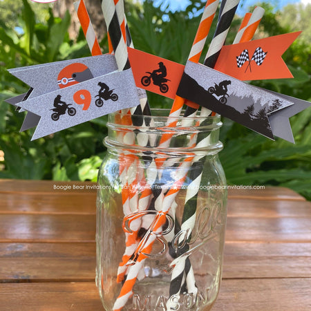 Orange Dirt Bike Birthday Party Straws Pennant Paper Drink Black Silver Black Racing Motocross Enduro Boogie Bear Invitations Raine Theme