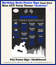 Load image into Gallery viewer, Blue ATV Birthday Party Sign Stats Poster Flat Frameable Black Chalkboard Milestone Girl Boy 1st First Boogie Bear Invitations Audrina Theme