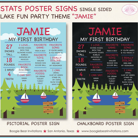 Lake Fun Birthday Party Sign Stats Poster Chalkboard Girl Boy Boat Forest Park Summer Swim Camp River Boogie Bear Invitations Jamie Theme