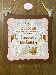 Country Horse Birthday Party Door Banner Hat Boots Rustic Girl Ranch Rider Pink Vintage Flowers Farm Boogie Bear Invitations Savannah Theme