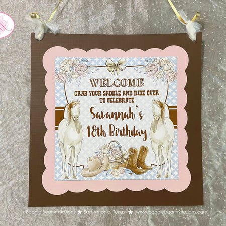 Country Horse Birthday Party Door Banner Hat Boots Rustic Girl Ranch Rider Pink Vintage Flowers Farm Boogie Bear Invitations Savannah Theme