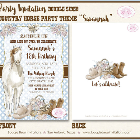 Country Horse Birthday Party Invitation Hat Boots Rustic Girl Ranch Rider Boogie Bear Invitations Savannah Theme Paperless Printable Printed