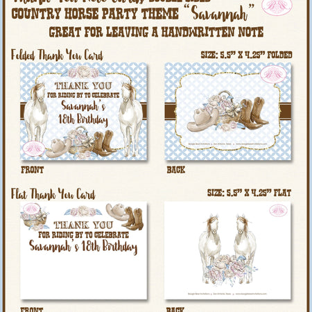 Country Horse Party Thank You Cards Birthday Hat Boots Rustic Girl Blue Vintage Flowers Farm Boogie Bear Invitations Savannah Theme Printed