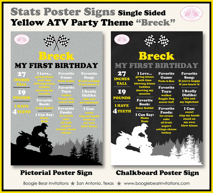 Yellow ATV Birthday Party Sign Stats Poster Flat Frameable Black Chalkboard Milestone Race Girl Boy 1st Boogie Bear Invitations Breck Theme