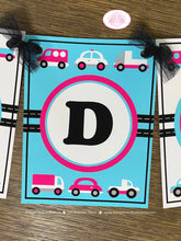 Load image into Gallery viewer, Pink Cars Trucks Birthday Party Banner Happy Honk Beep Vehicles Stoplight Girl Travel Blue Black White Boogie Bear Invitations Sally Theme