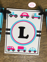 Load image into Gallery viewer, Pink Cars Trucks Birthday Party Banner Name Girl Blue Black Road Trip Traffic Street Stop Light Travel Boogie Bear Invitations Sally Theme