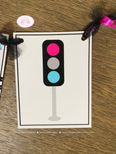 Load image into Gallery viewer, Pink Cars Trucks Birthday Party Banner Name Girl Blue Black Road Trip Traffic Street Stop Light Travel Boogie Bear Invitations Sally Theme