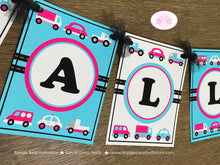 Load image into Gallery viewer, Pink Cars Trucks Birthday Party Banner Name Girl Blue Black Road Trip Traffic Street Stop Light Travel Boogie Bear Invitations Sally Theme