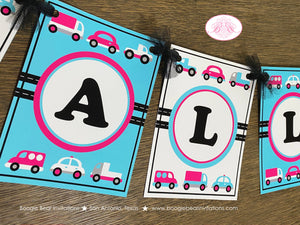 Pink Cars Trucks Birthday Party Banner Name Girl Blue Black Road Trip Traffic Street Stop Light Travel Boogie Bear Invitations Sally Theme