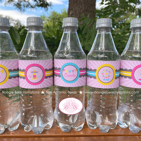 Amusement Park Party Bottle Wraps Wrappers Cover Label Birthday Carousel Girl Pink Blue Ferris Wheel Boogie Bear Invitations Camille Theme
