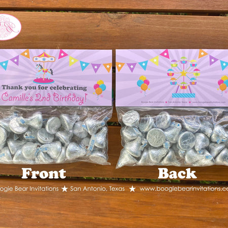 Amusement Park Party Treat Bag Toppers Folded Favor Birthday Carousel Girl Pink Circus Ferris Wheel Boogie Bear Invitations Camille Theme