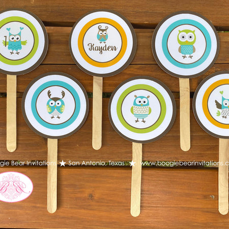 Forest Owls Birthday Party Cupcake Toppers Cake Display Girl Boy Retro Woodland Animals Birds Vintage Boogie Bear Invitations Kayden Theme