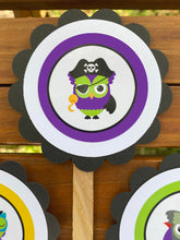 Load image into Gallery viewer, Halloween Owls Birthday Party Cupcake Toppers Cake Display Spooky Boy Girl Pumpkin Pirate Black Bat Kid Boogie Bear Invitations Harlow Theme