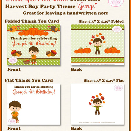 Harvest Boy Birthday Party Thank You Card Autumn Fall Pumpkin Picking Forest Creatures Farm Boogie Bear Invitations George Theme Printed