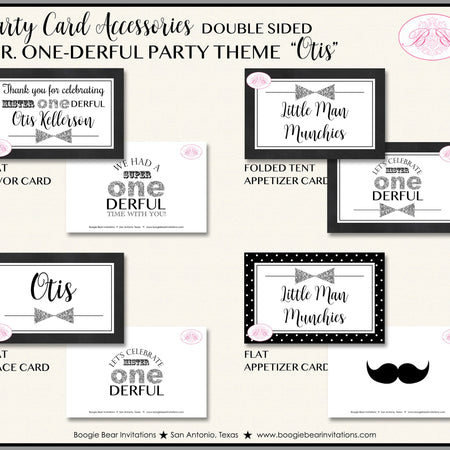 Mr. Wonderful Birthday Party Favor Card Tent Appetizer Food Place Boy Black Silver Onederful 1st Boogie Bear Invitations Otis Theme Printed