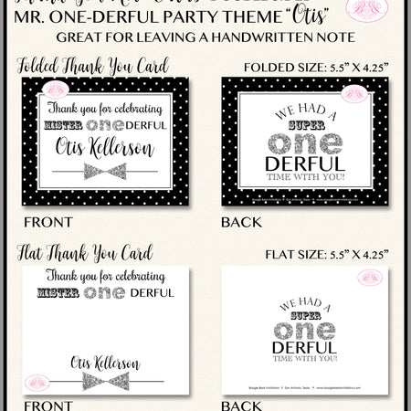 Mr. Wonderful Party Thank You Card Birthday Little Bow Tie Boy Black Silver White Onederful 1st Boogie Bear Invitations Otis Theme Printed