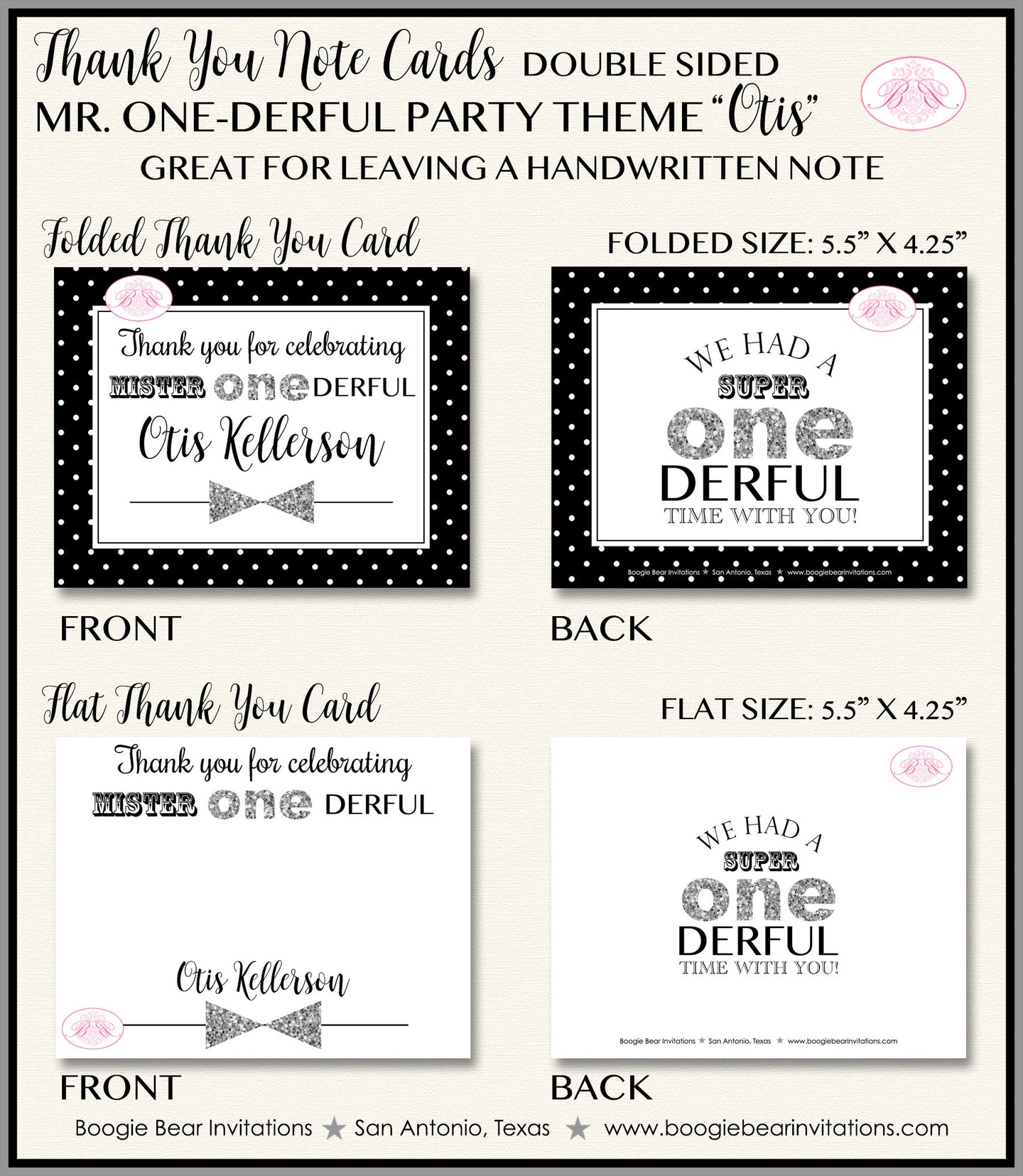 Mr. Wonderful Party Thank You Card Birthday Little Bow Tie Boy Black Silver White Onederful 1st Boogie Bear Invitations Otis Theme Printed