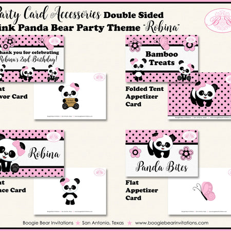 Pink Panda Bear Birthday Party Favor Card Tent Place Appetizer Tag Food Girl Black Flower Butterfly Zoo Boogie Bear Invitations Robina Theme