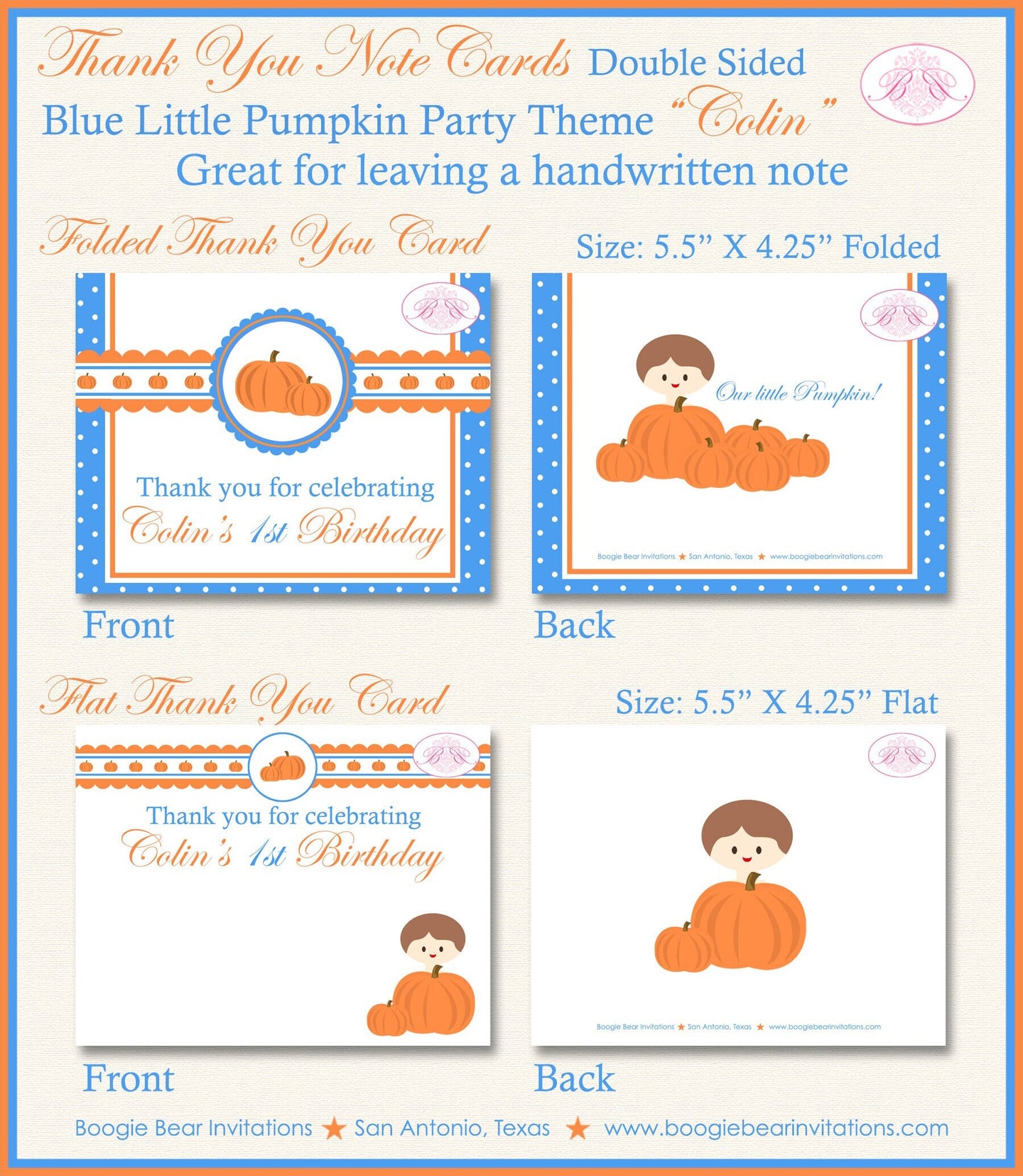 Blue Pumpkin Party Thank You Card Birthday Boy Fall Little Autumn Harvest Orange Ranch Barn 1st Boogie Bear Invitations Colin Theme Printed