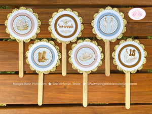 Country Horse Party Cupcake Toppers Birthday Hat Boots Rustic Girl Blue Brown Vintage Flowers Farm Boogie Bear Invitations Savannah Theme