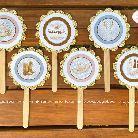 Country Horse Party Cupcake Toppers Birthday Hat Boots Rustic Girl Blue Brown Vintage Flowers Farm Boogie Bear Invitations Savannah Theme