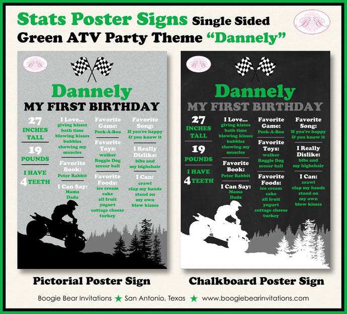 Green ATV Birthday Party Sign Stats Poster Flat Frameable Black Chalkboard Milestone Race Girl Boy 1st Boogie Bear Invitations Dannely Theme