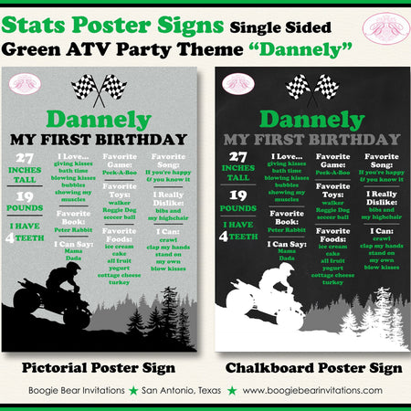 Green ATV Birthday Party Sign Stats Poster Flat Frameable Black Chalkboard Milestone Race Girl Boy 1st Boogie Bear Invitations Dannely Theme