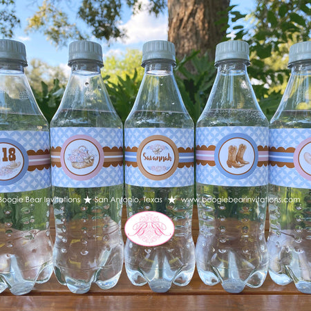 Country Horse Birthday Party Bottle Wraps Wrappers Cover Label Hat Boots Rustic Girl Blue Brown Farm Boogie Bear Invitations Savannah Theme
