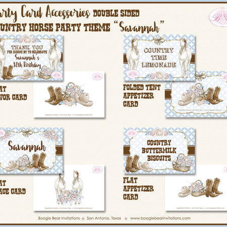 Country Horse Birthday Party Favor Card Tent Appetizer Place Hat Boots Rustic Girl Vintage Barn Farm Boogie Bear Invitations Savannah Theme